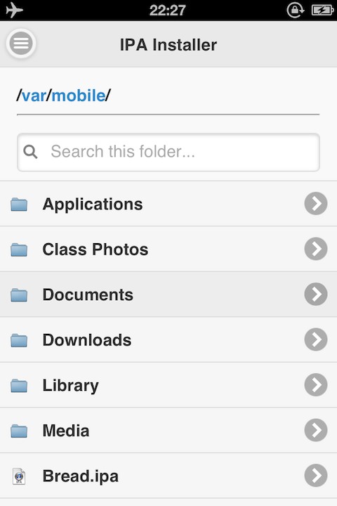 IPA Installer file browser showing an IPA file ready to install
