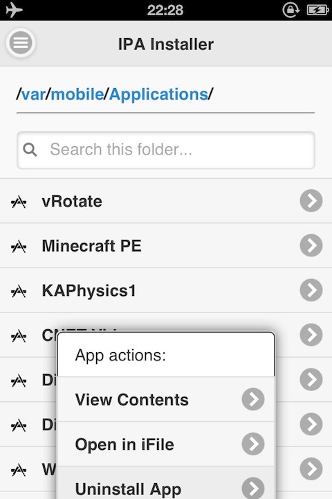 IPA Installer showing installed applications with the app actions menu open