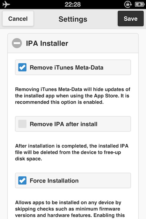 IPA Installer settings, including the option to remove the IPA file after install